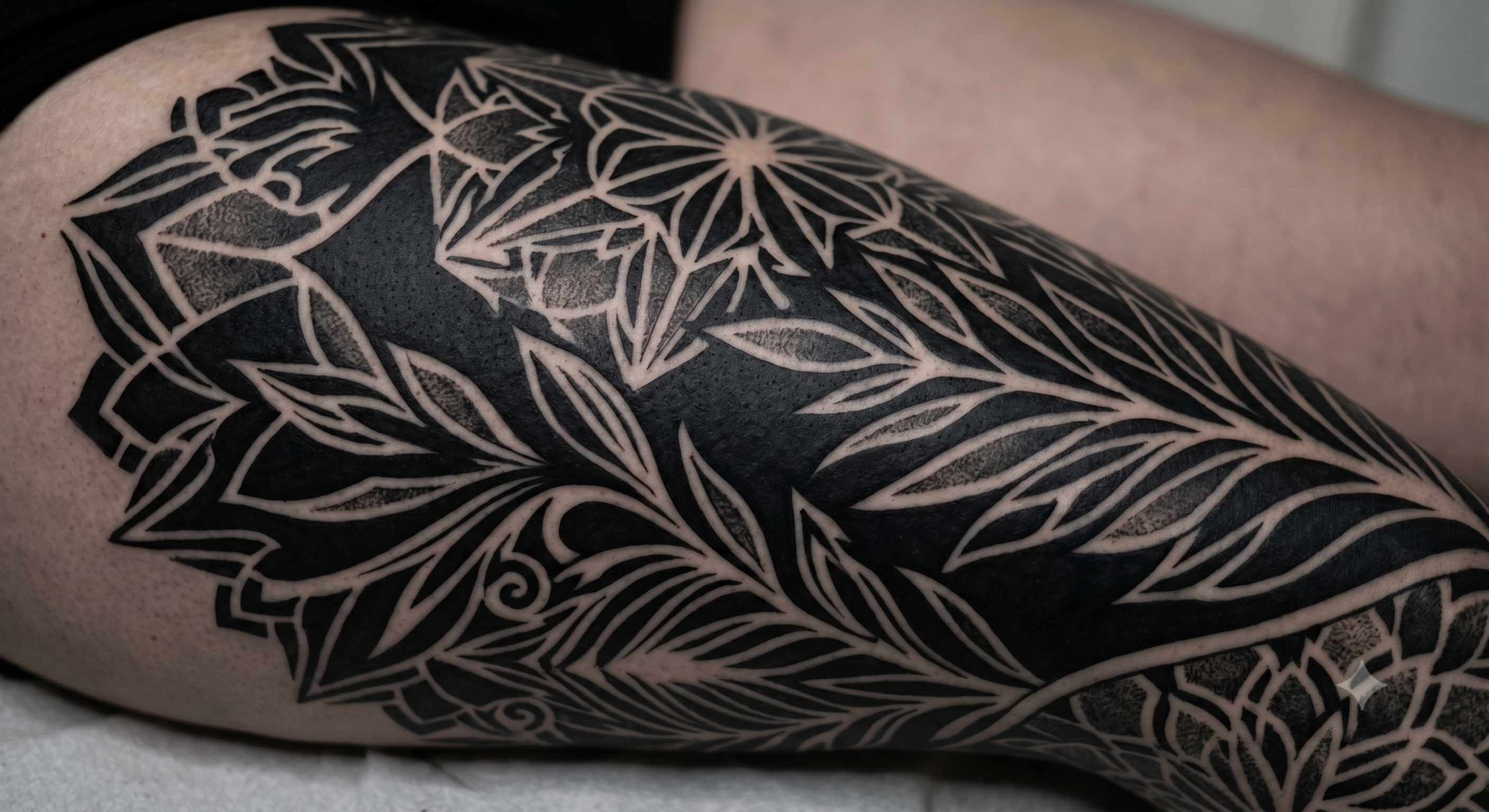 Tatuagem Blackwork — padrão botânico e geométrico em cobertura total na coxa