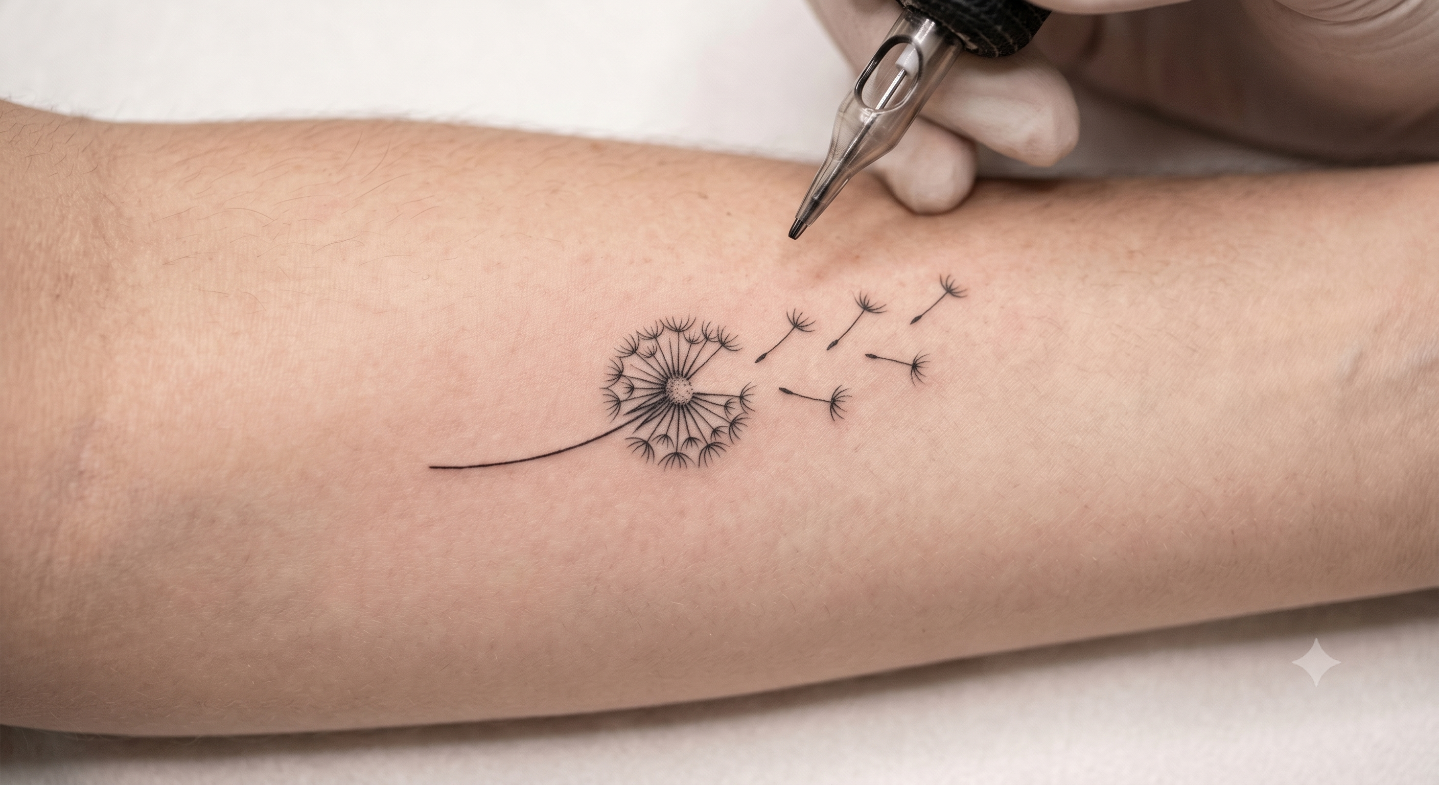 Tatuagem Fine Line — dente-de-leão com sementes voando no antebraço