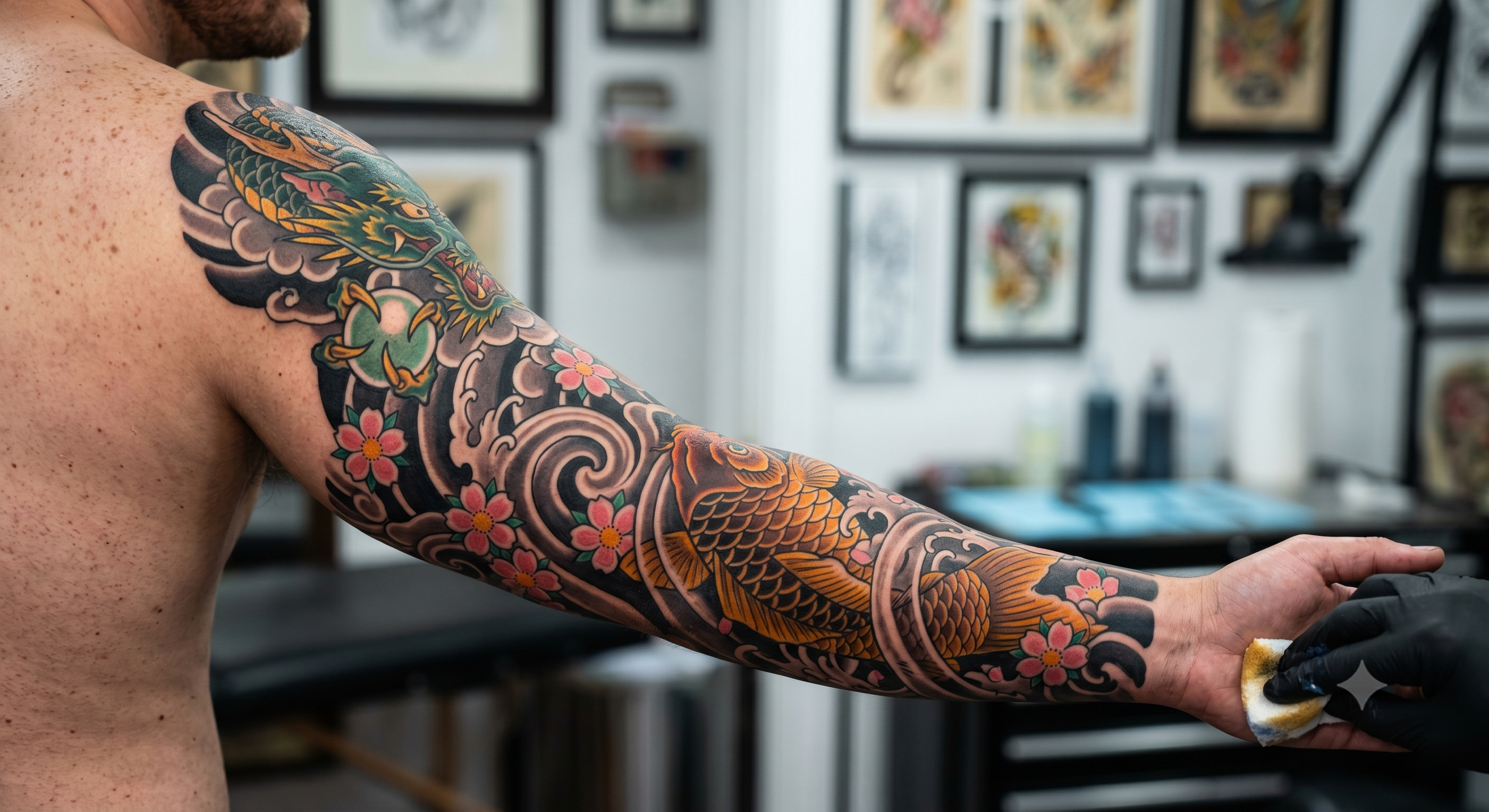 Tatuagem Oriental — manga completa com koi e dragão japonês