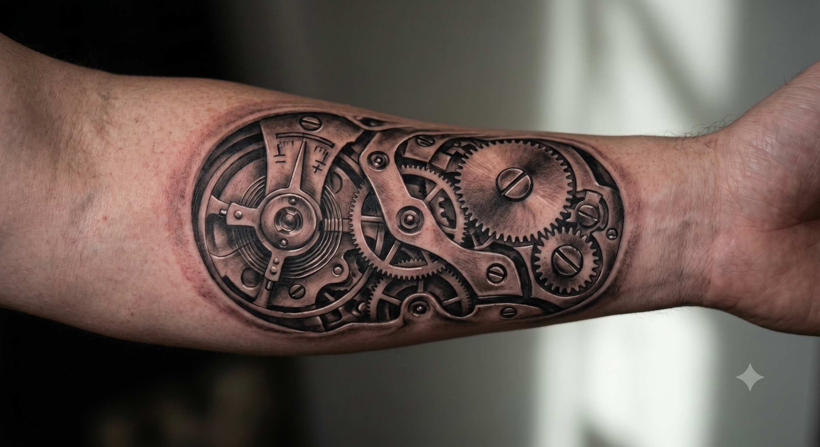 Tatuagem realista 3D — mecanismo interno de relógio no antebraço