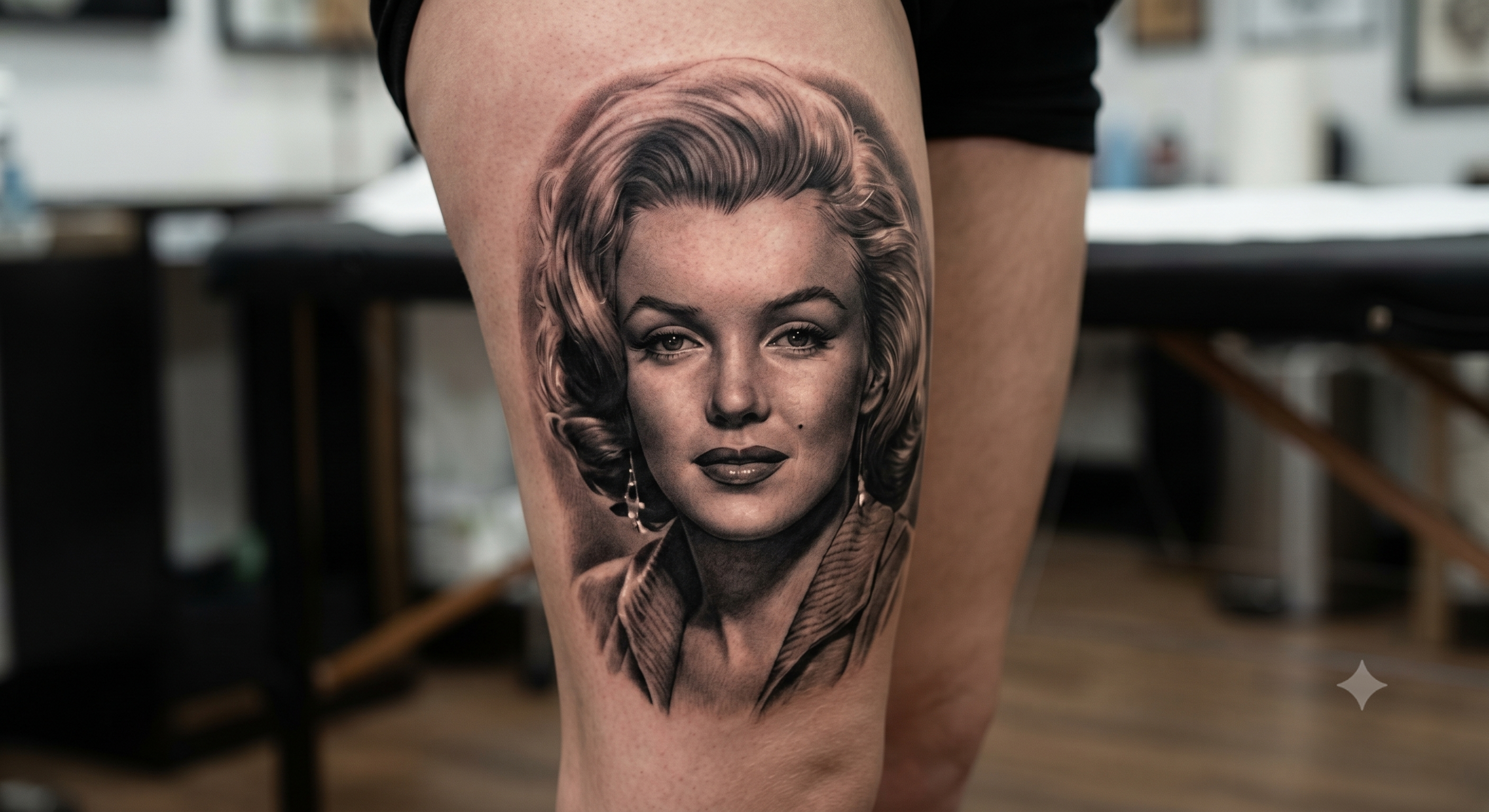 Tatuagem realista — retrato hiper-realista de Marilyn Monroe na coxa
